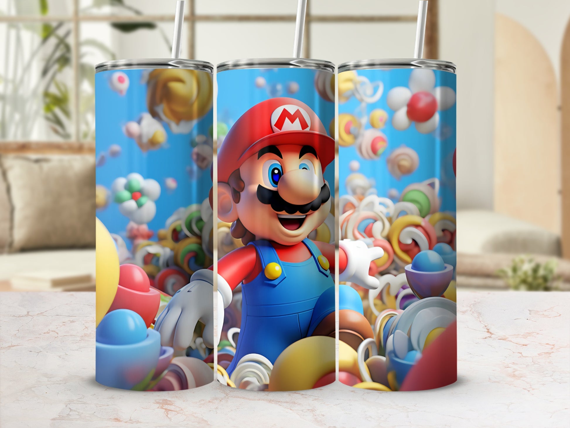 Colorful Mario Design Tumbler with Straw Cup Tumbler
