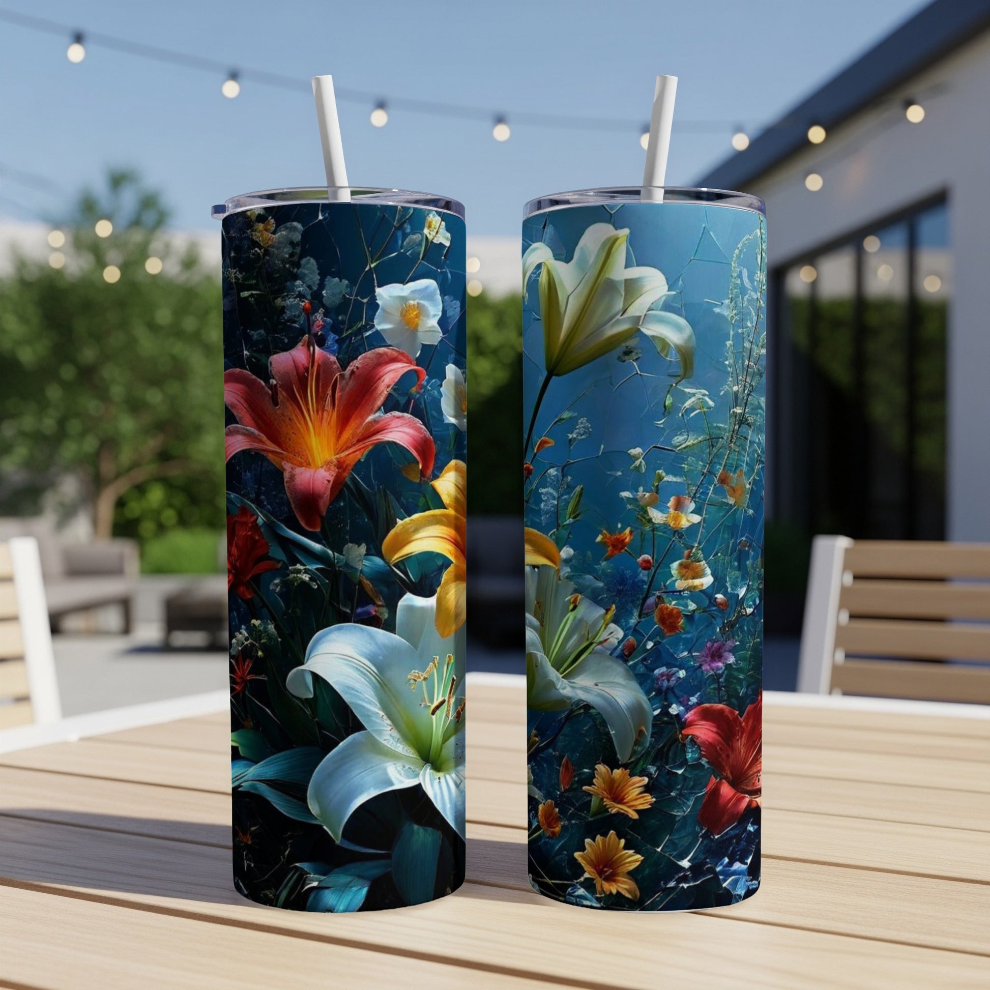 Two tumblers with vibrant floral designs on a wooden table.