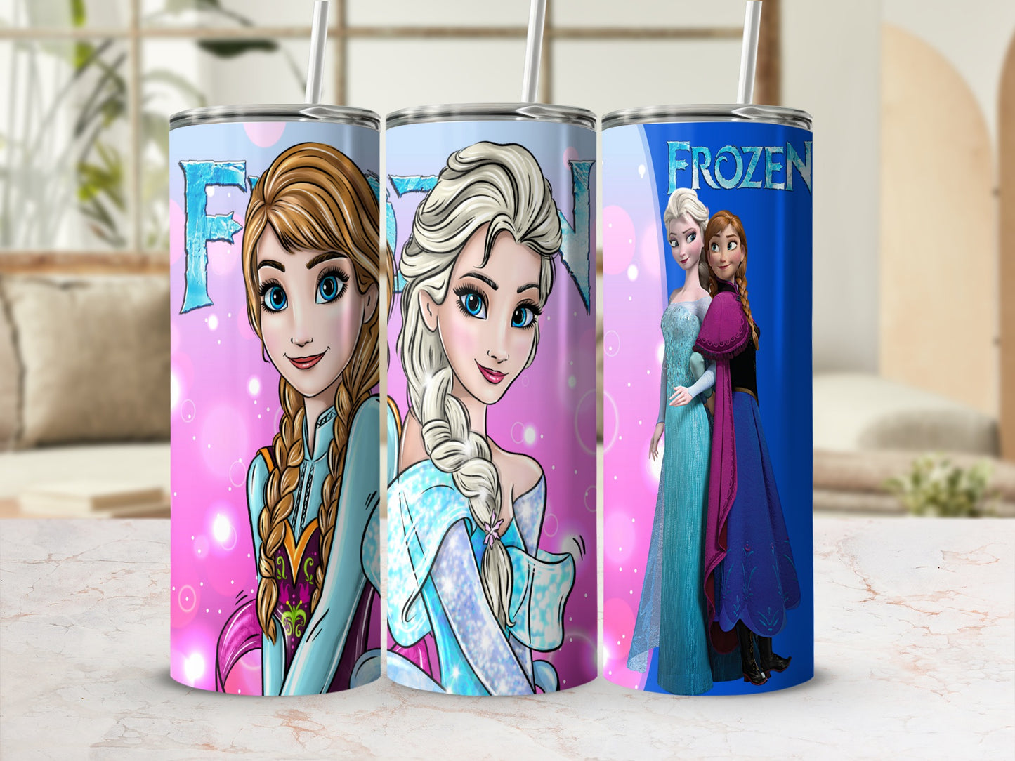 Frozen Elsa and Anna travel cups with pink sparkly background.