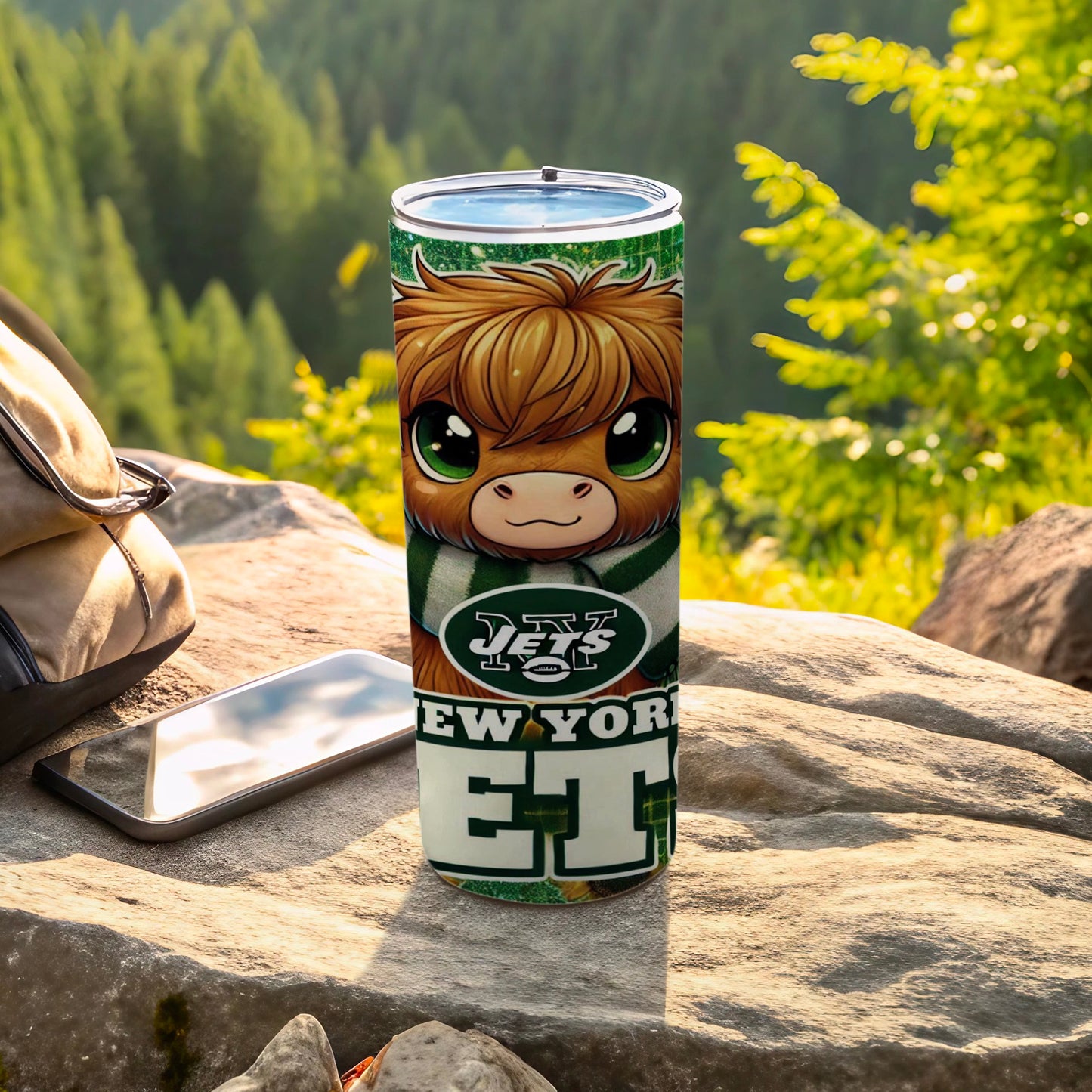 New York Jets tumbler featuring a cartoon highland cow character.