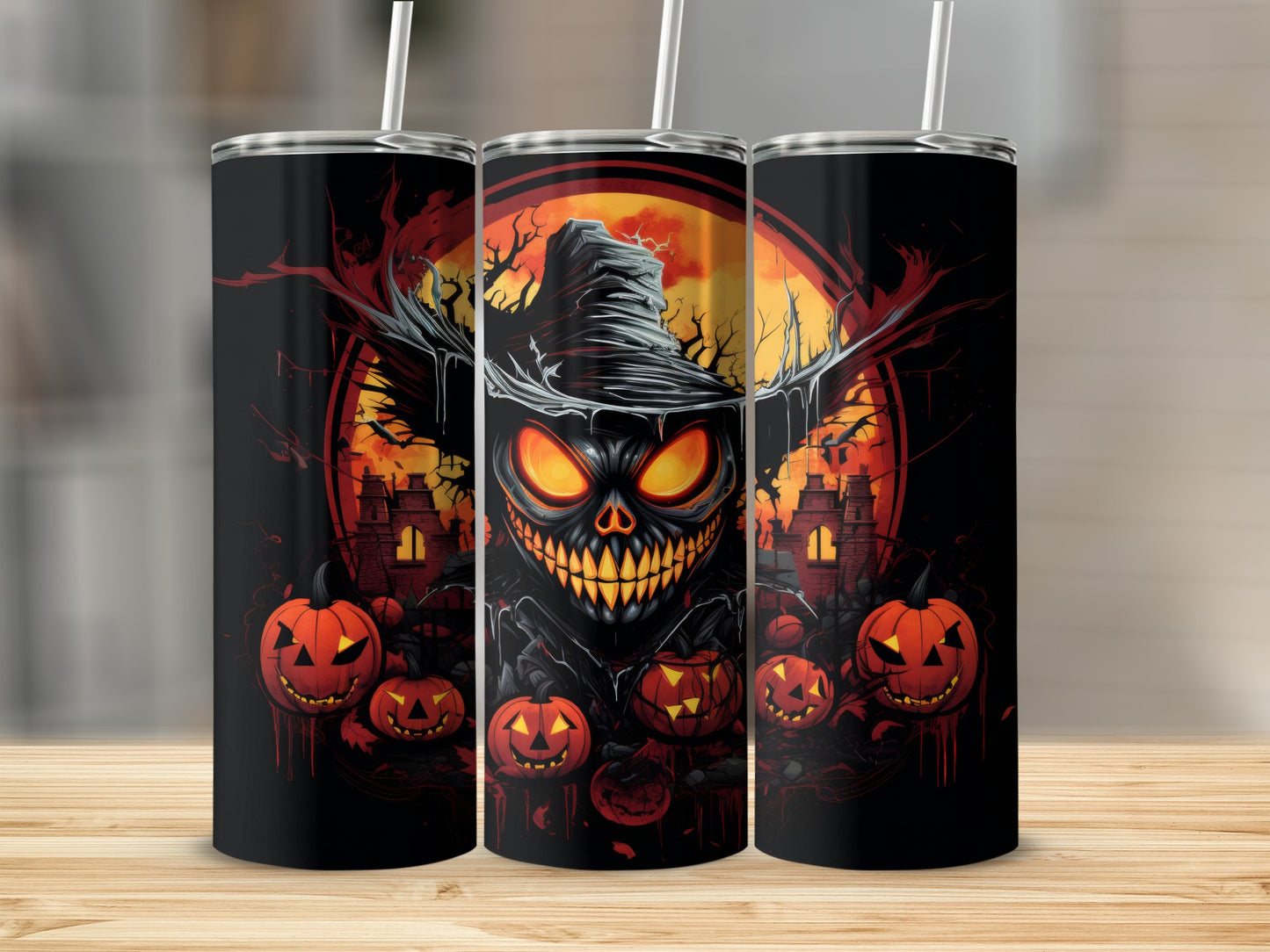Halloween tumbler featuring a scary jack-o'-lantern face and pumpkins against a spooky background.