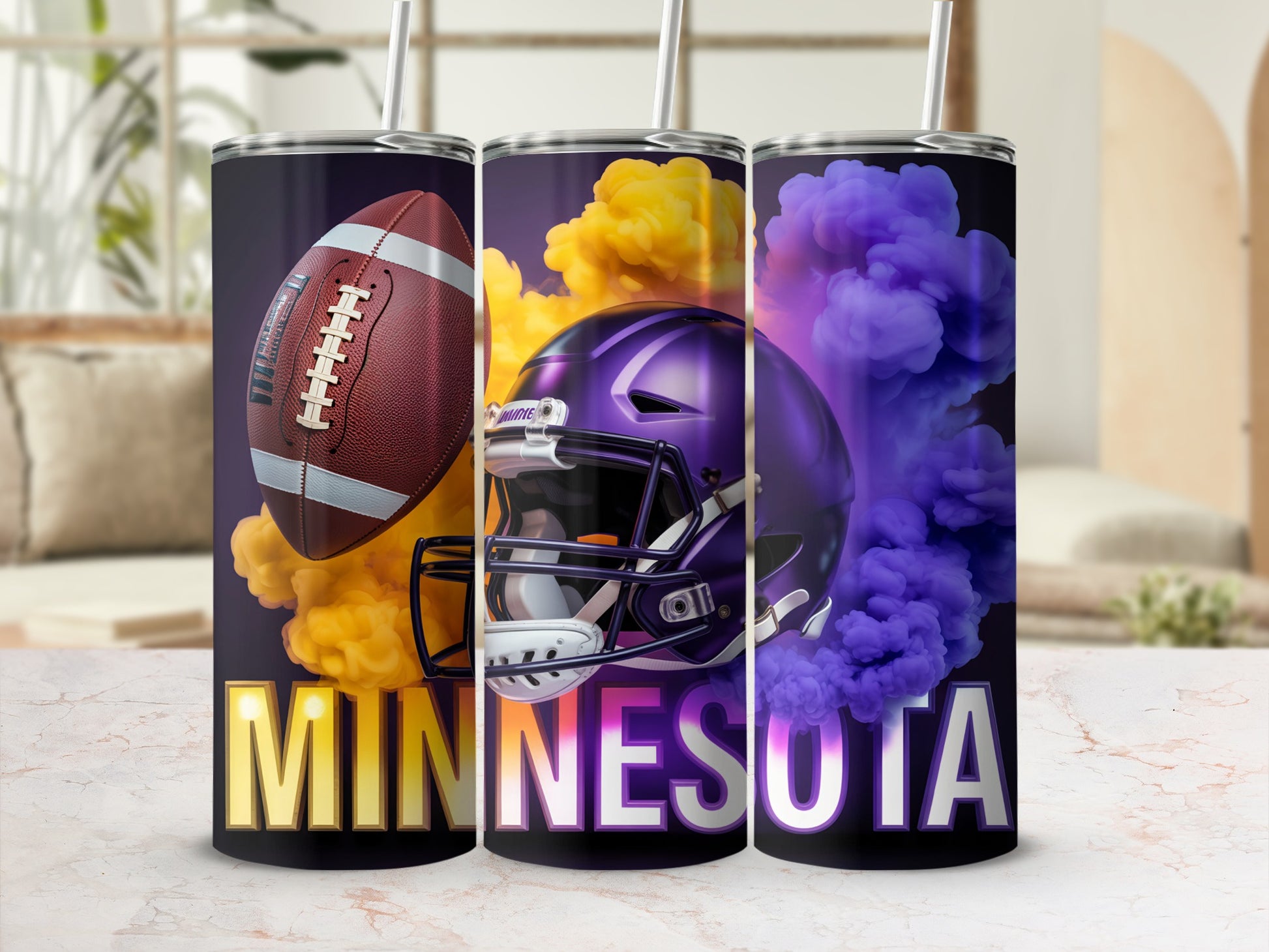 Purple Minnesota Vikings helmet with football and colorful smoke.