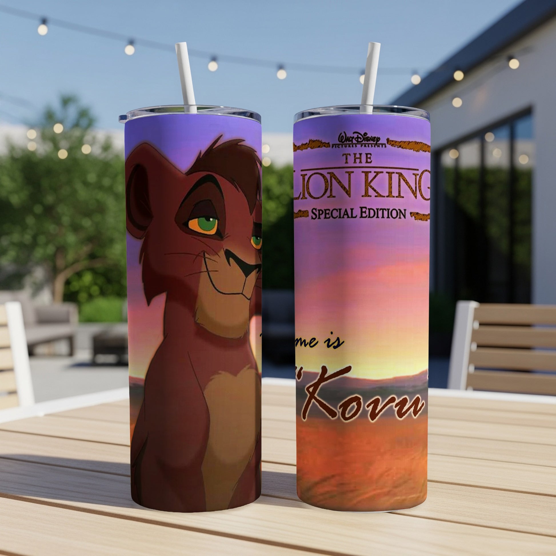 The Lion King Special Edition tumbler featuring Kion against a sunset background.