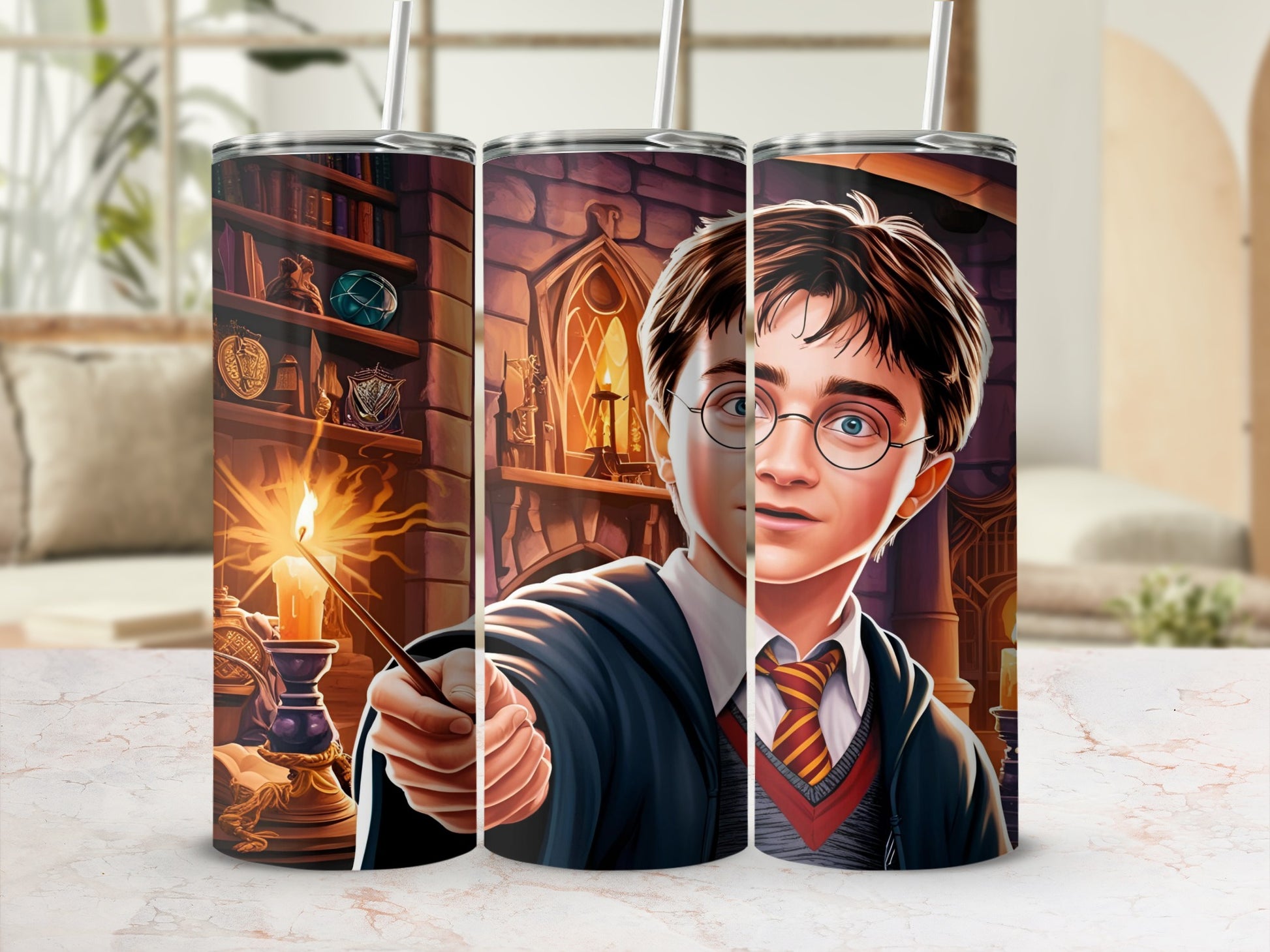 Harry Potter holding a wand, with a castle background.