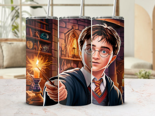 Harry Potter holding a wand, with a castle background.