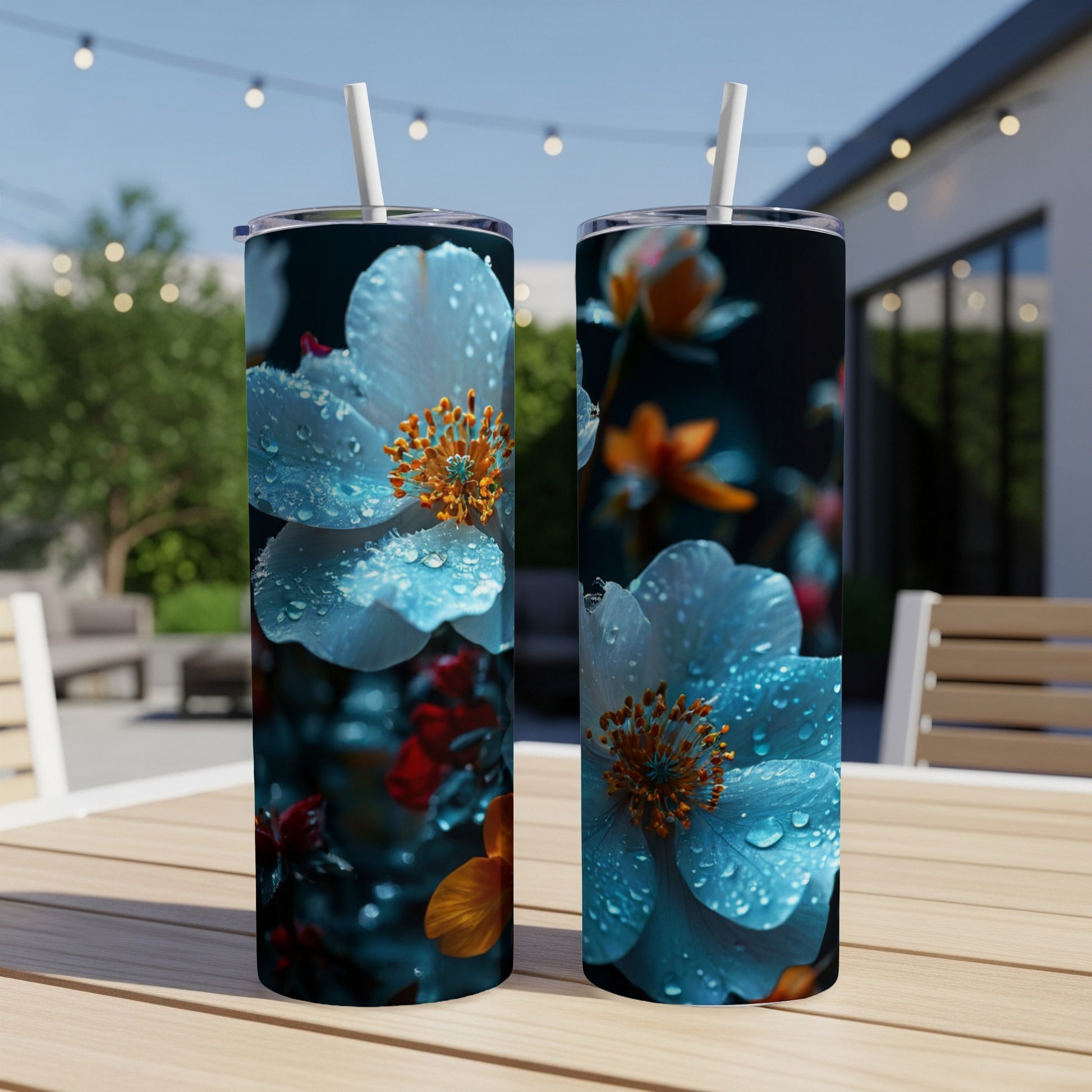 Two tumblers with vibrant blue flowers and water droplets.