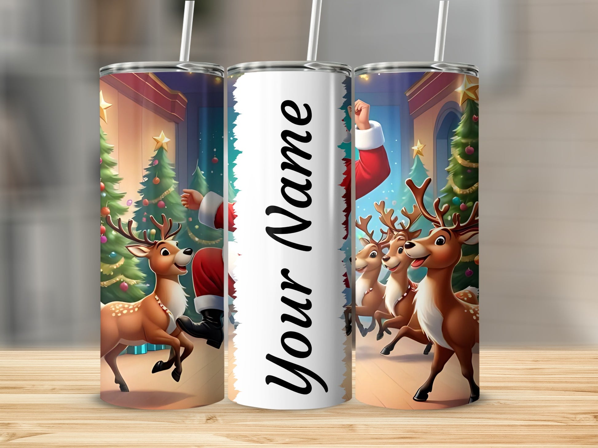 Personalized Santa and Reindeer Themed Tumbler
