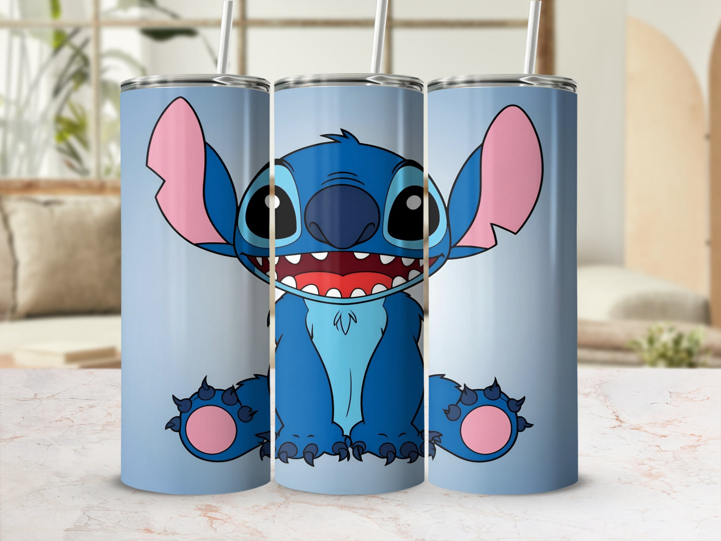 Blue Stitch character illustration on three tall skinny tumblers.