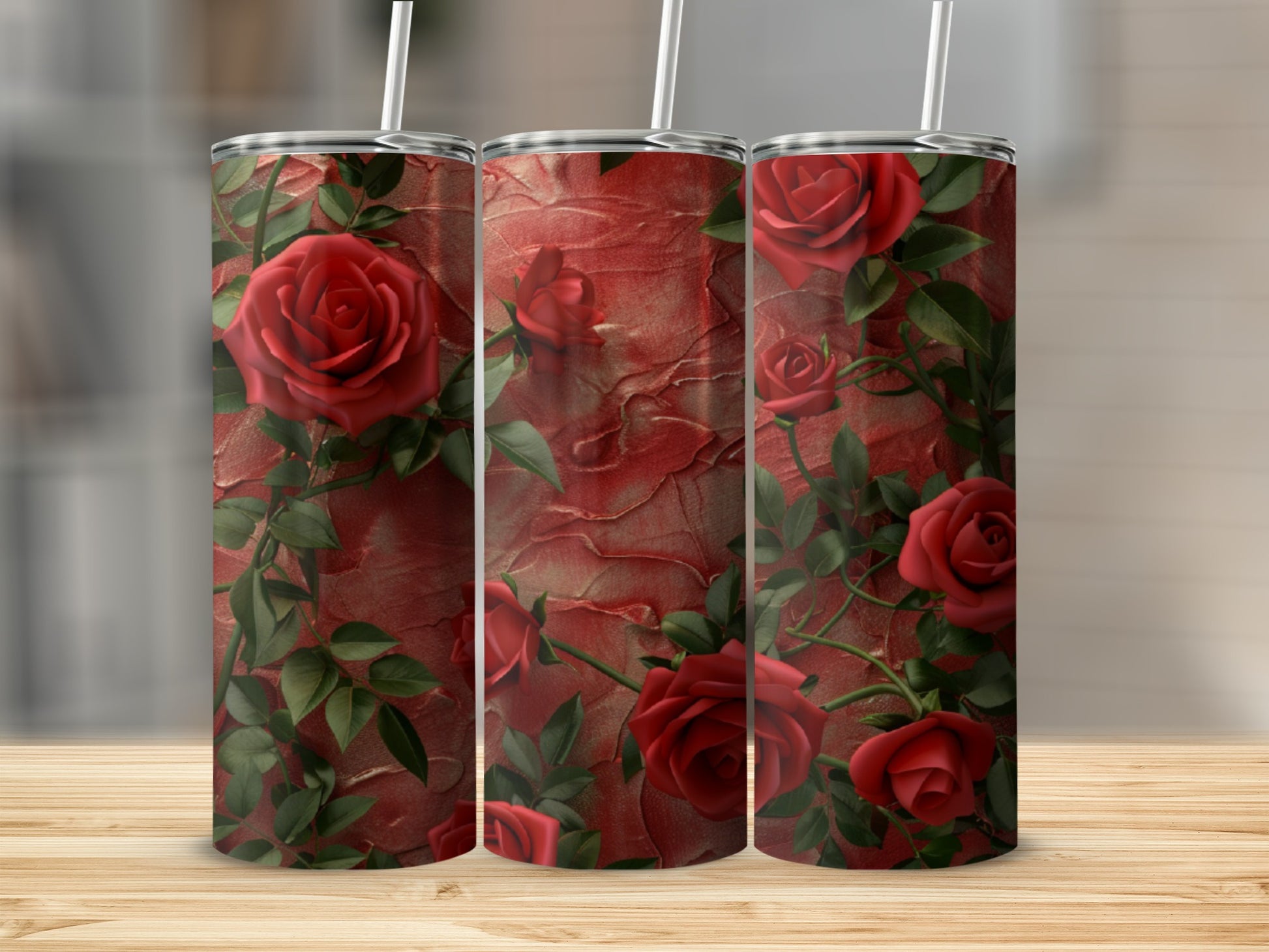 Three tumblers with a red textured background and red roses.