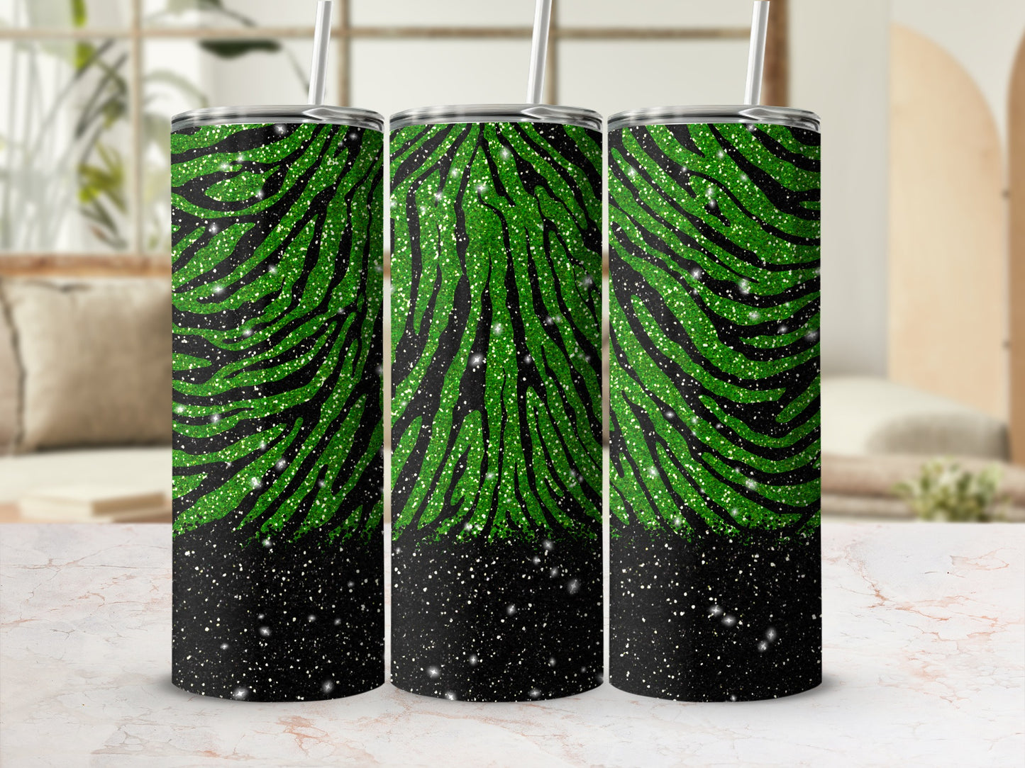 Green and black zebra stripes with glitter on a stainless steel tumbler.
