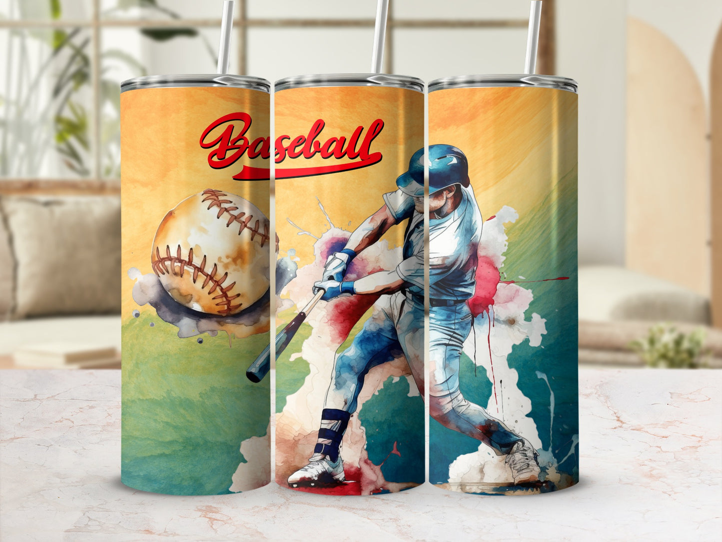Vibrant Baseball Art Tumbler with Lid and Straw