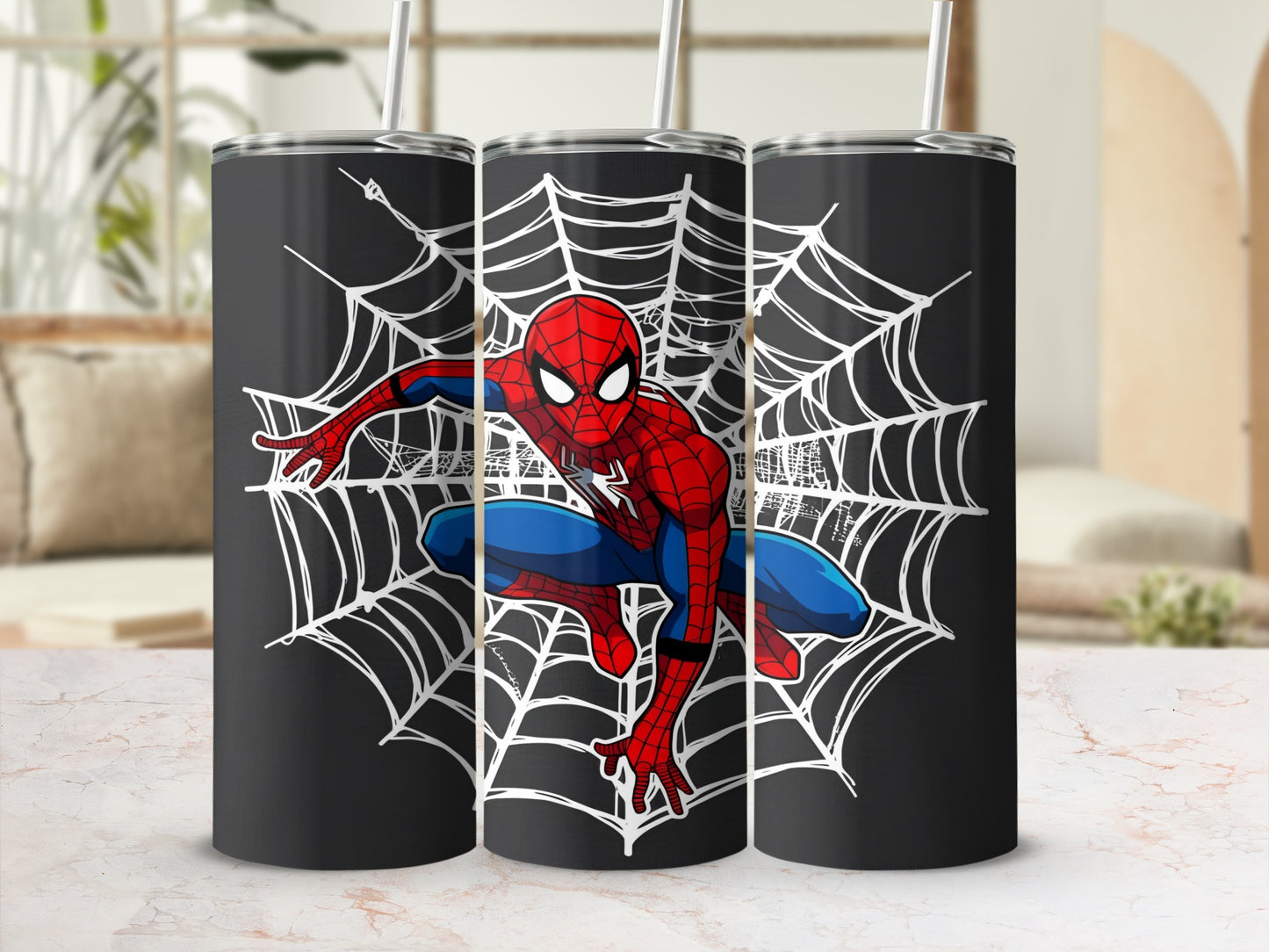Spider-Man in web sling pose on black tumblers with spiderweb design.