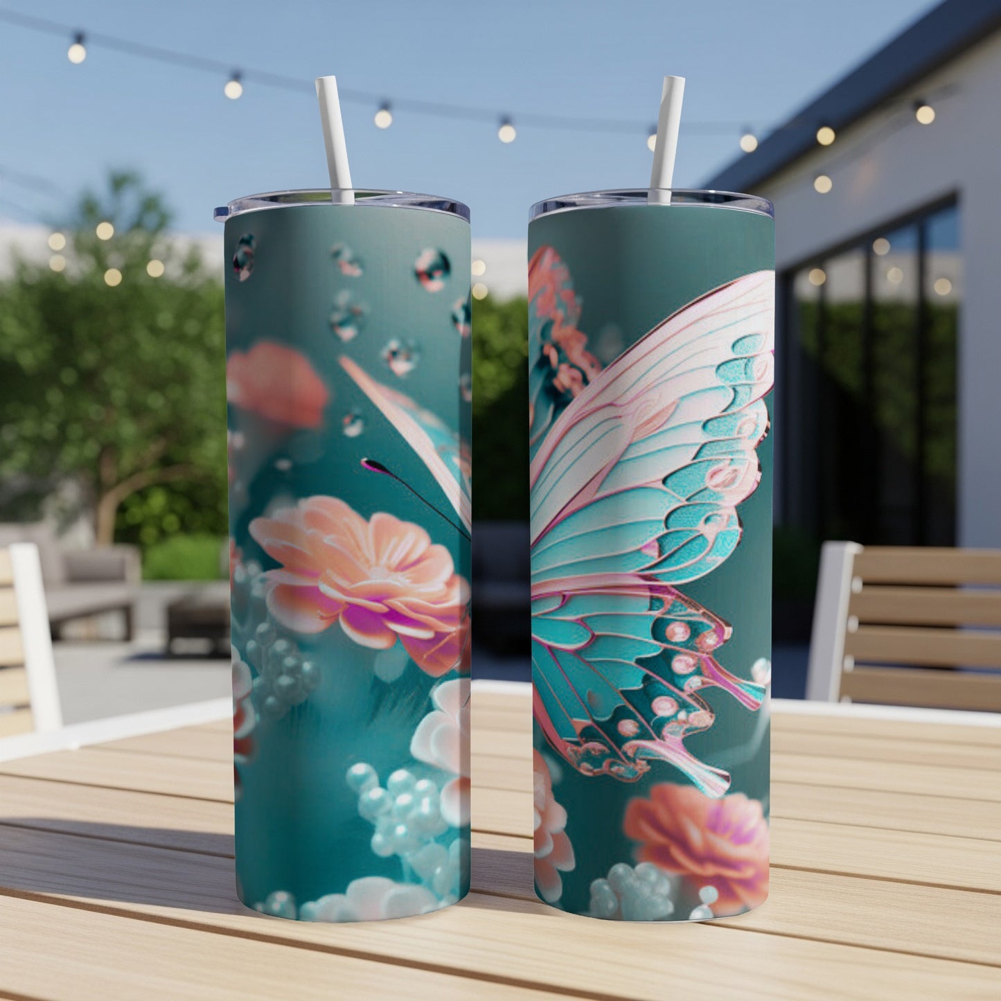 Two teal tumblers with a butterfly and floral design on a patio table.