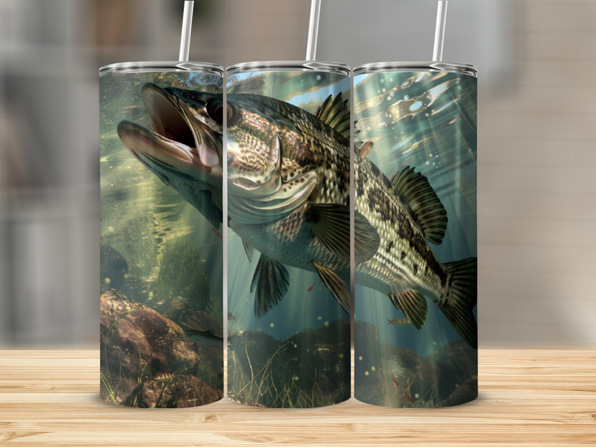 Large bass fish swimming underwater with sunlight filtering through.