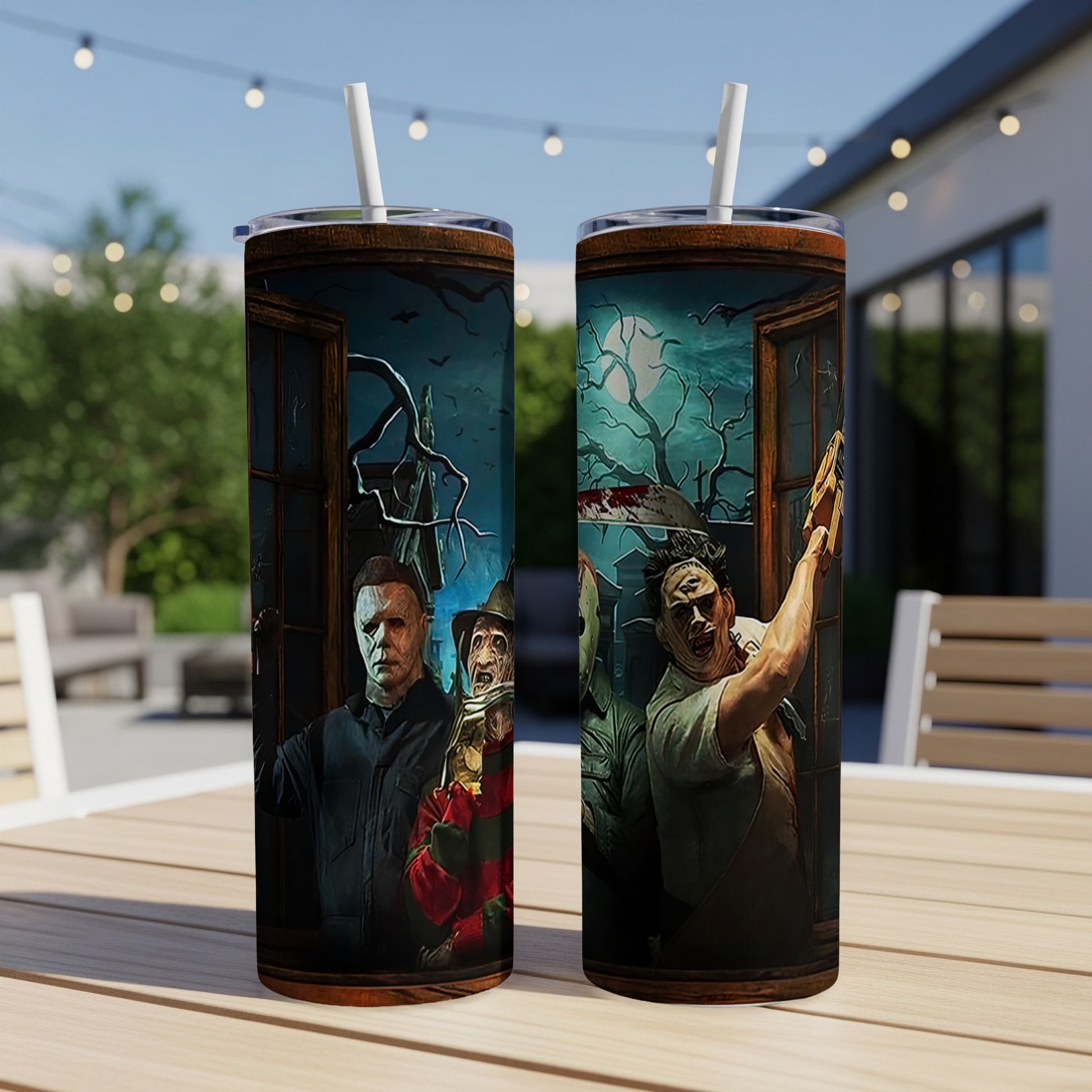 Two tumblers feature horror characters Michael Myers, Freddy Krueger, and Leatherface.