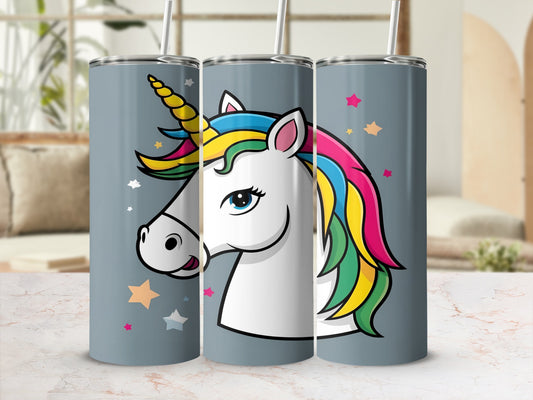 Unicorn head with rainbow mane on gray tumbler with stars.