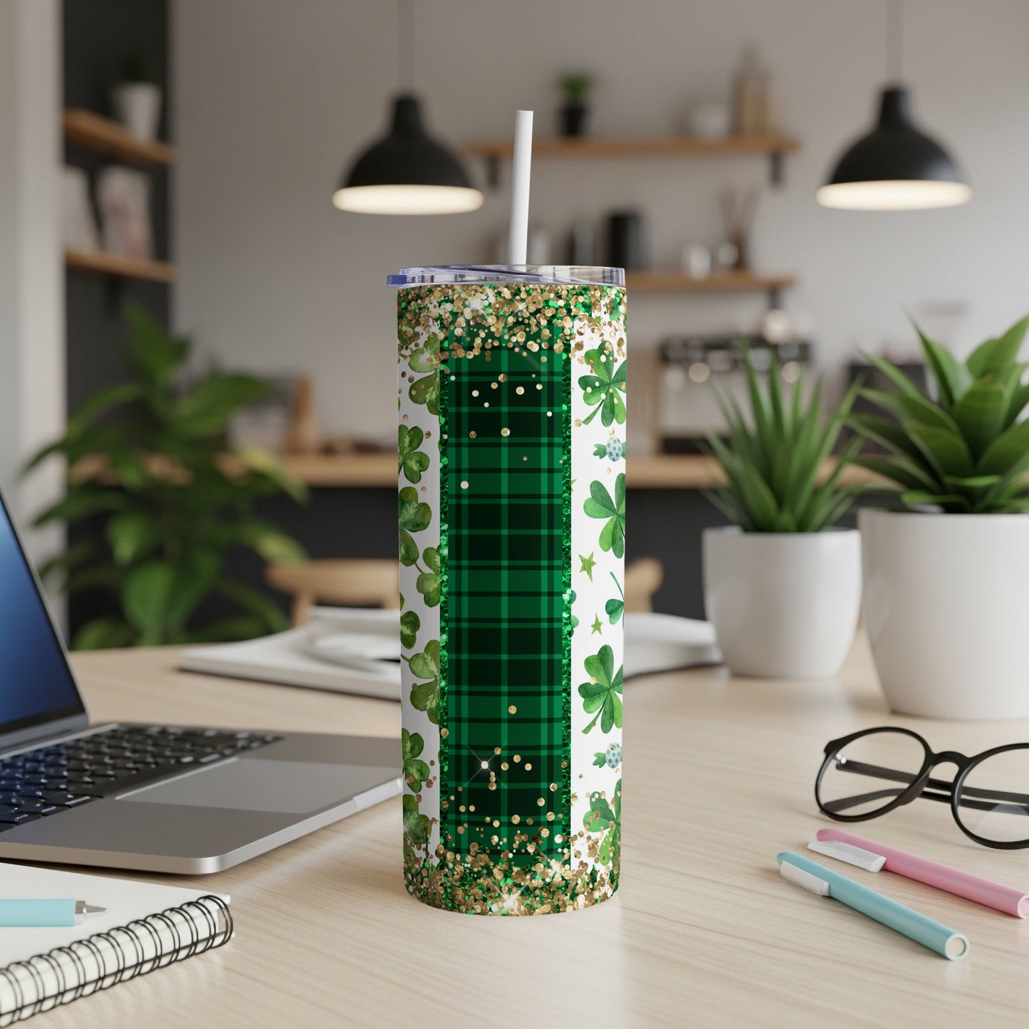 Green plaid tumbler with shamrocks and glitter accents.