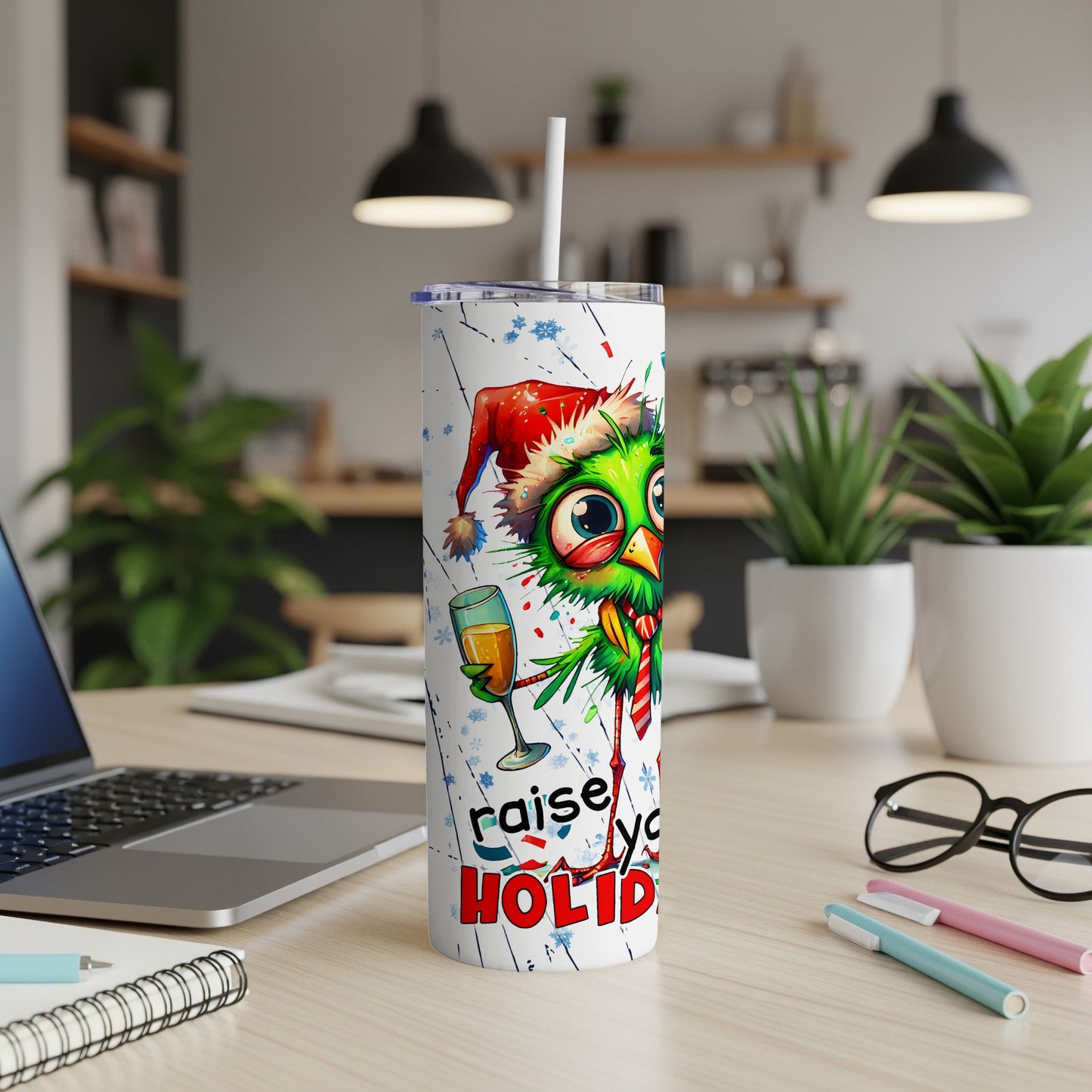 Cartoon owl wearing Santa hat holding champagne, "Raise your holidays" text.