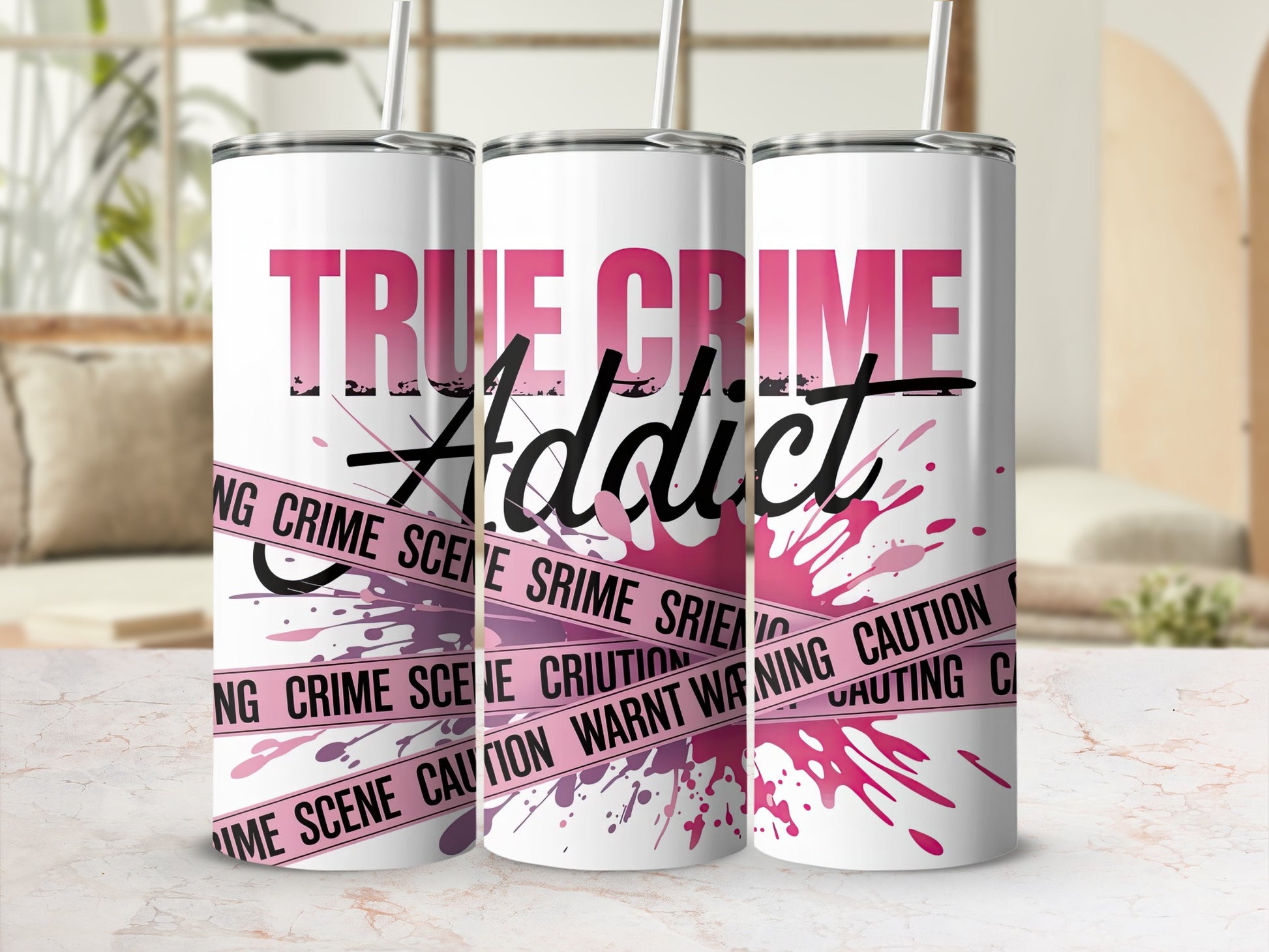 Tumbler with "TRUE CRIME Addict" and crime scene tape design.