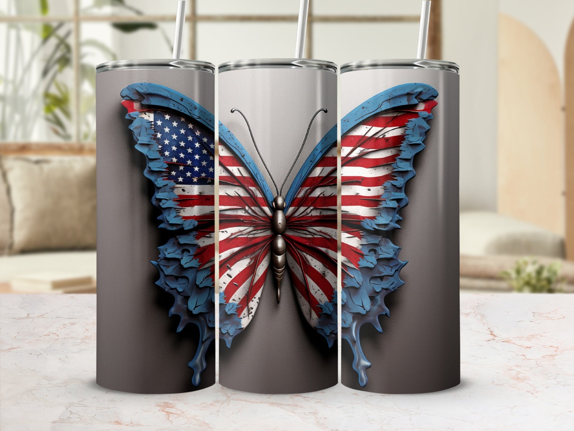 Tumbler with American flag butterfly design.