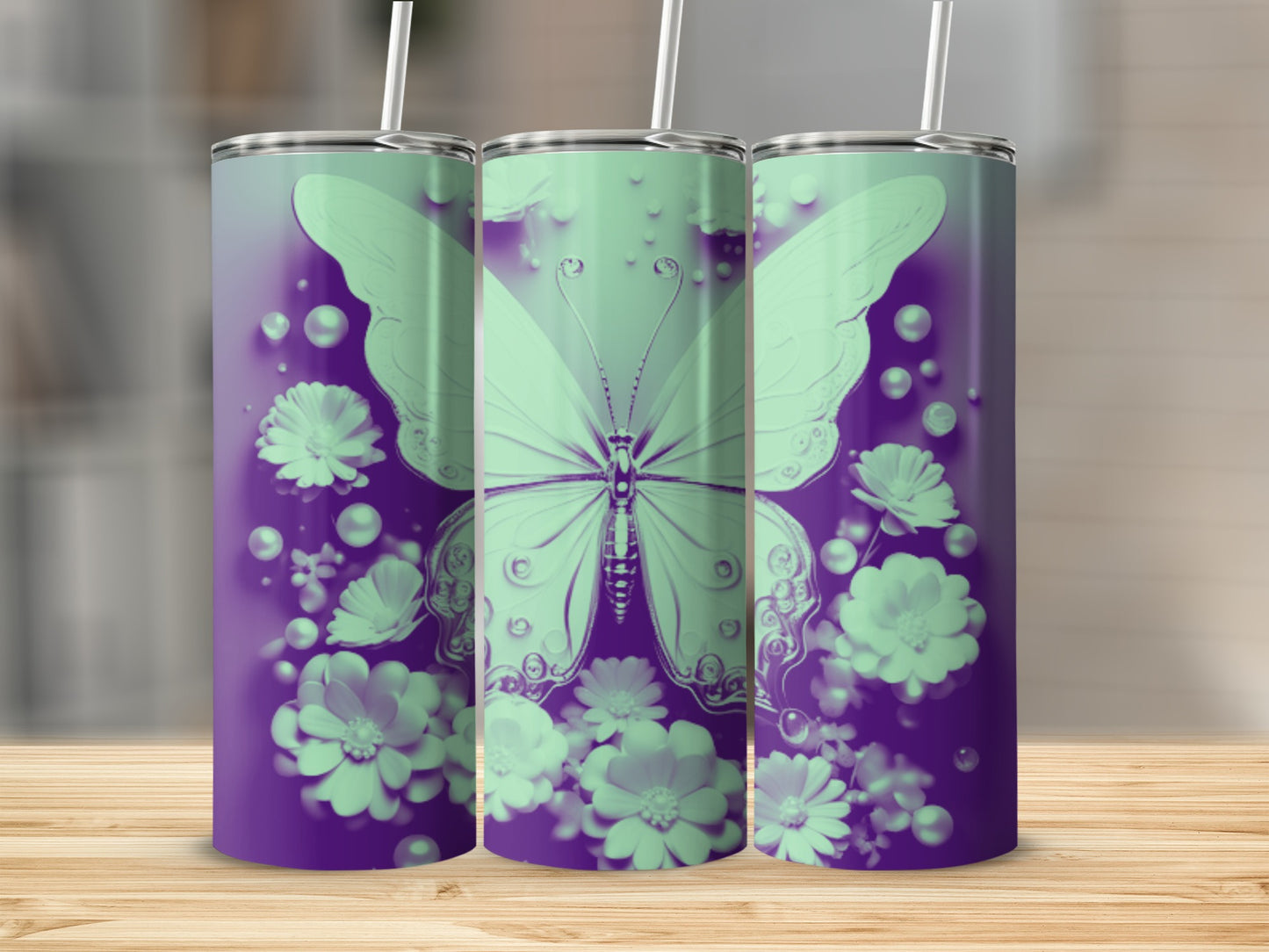 Mint green butterfly and flowers on purple gradient tumbler.