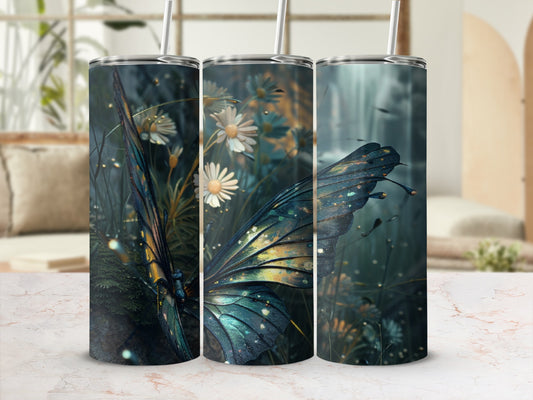 Three tumblers with iridescent butterfly wing and floral designs.