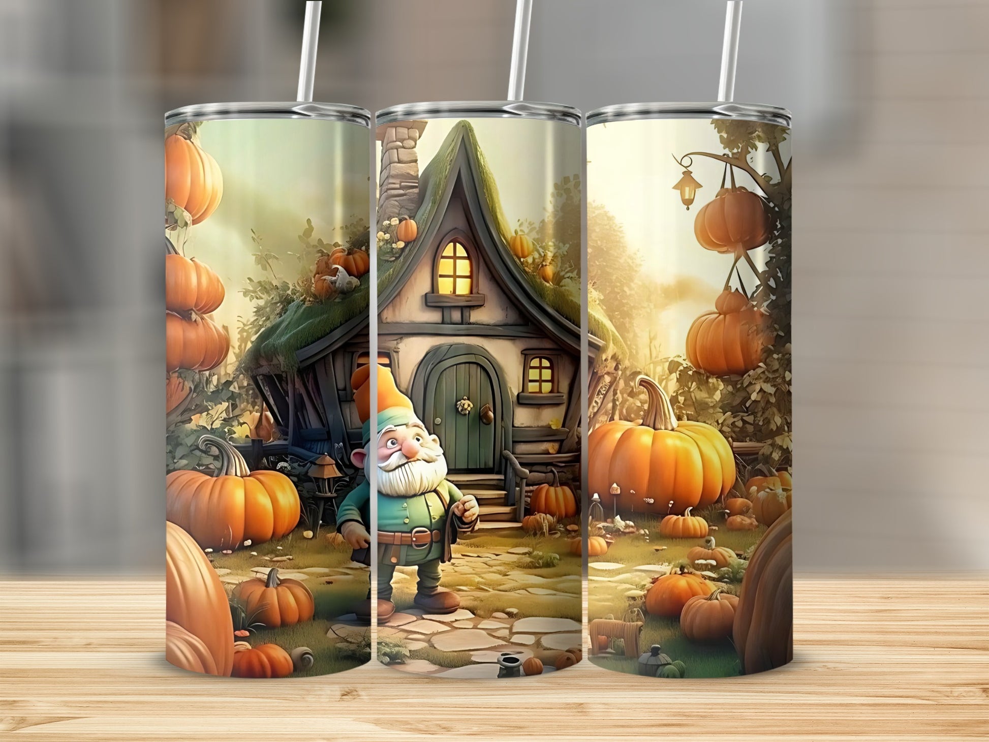 Whimsical Gnome and Pumpkin Scene Tumbler