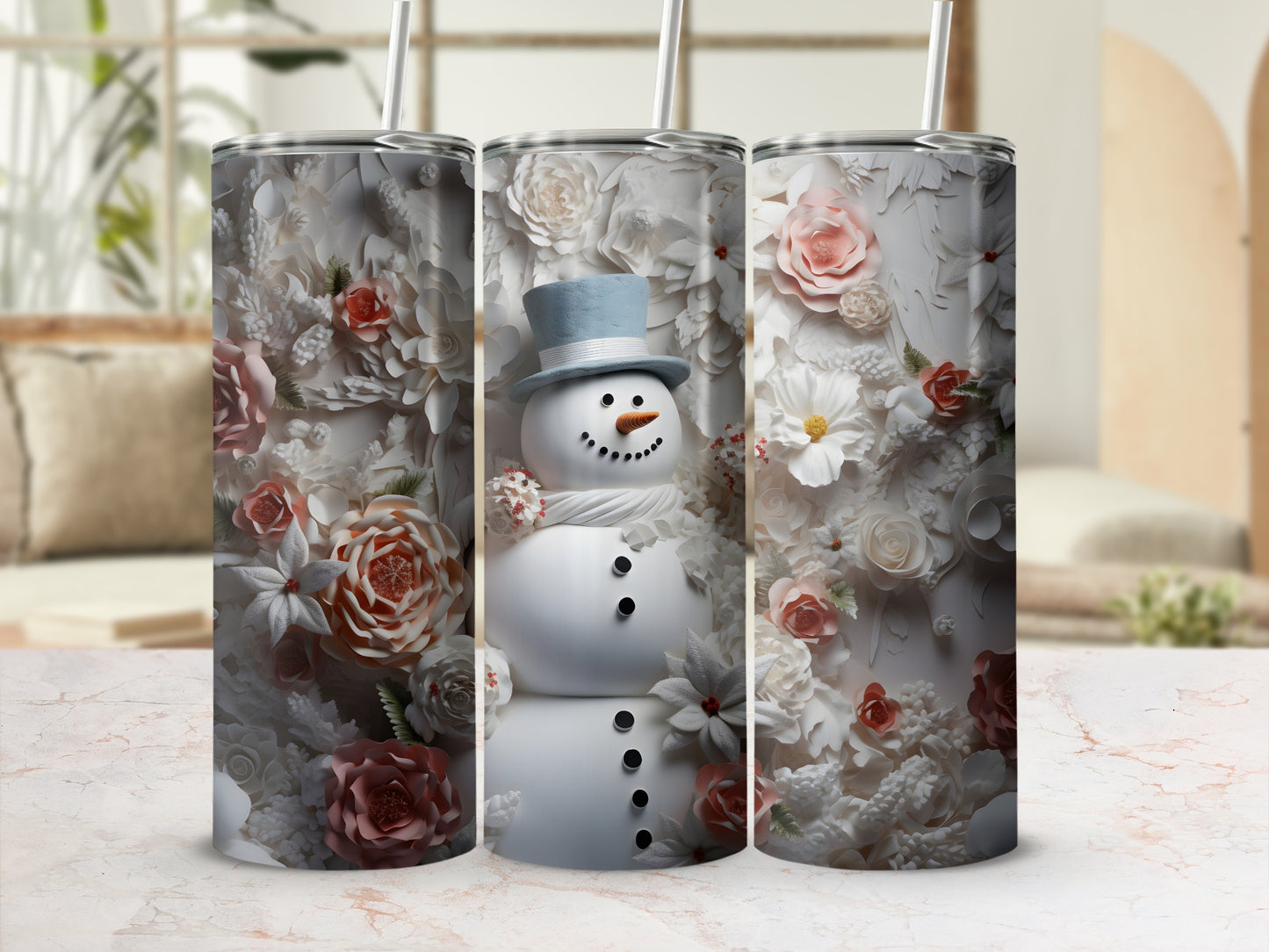 Festive Snowman and Floral Design Stainless Steel Tumbler