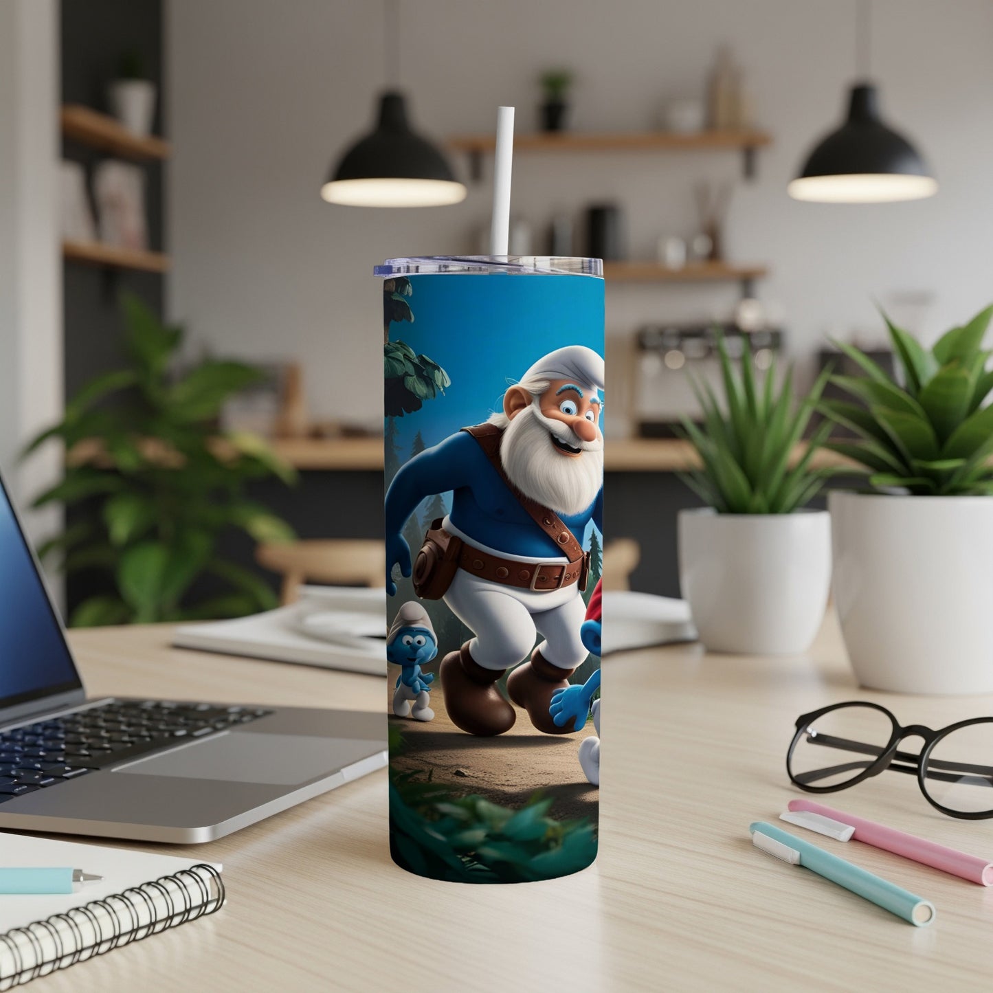 Papa Smurf and Smurf run through a forest scene on a blue tumbler.