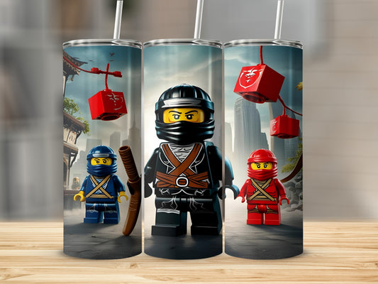 Three Lego Ninjago characters in a row, two with red masks.