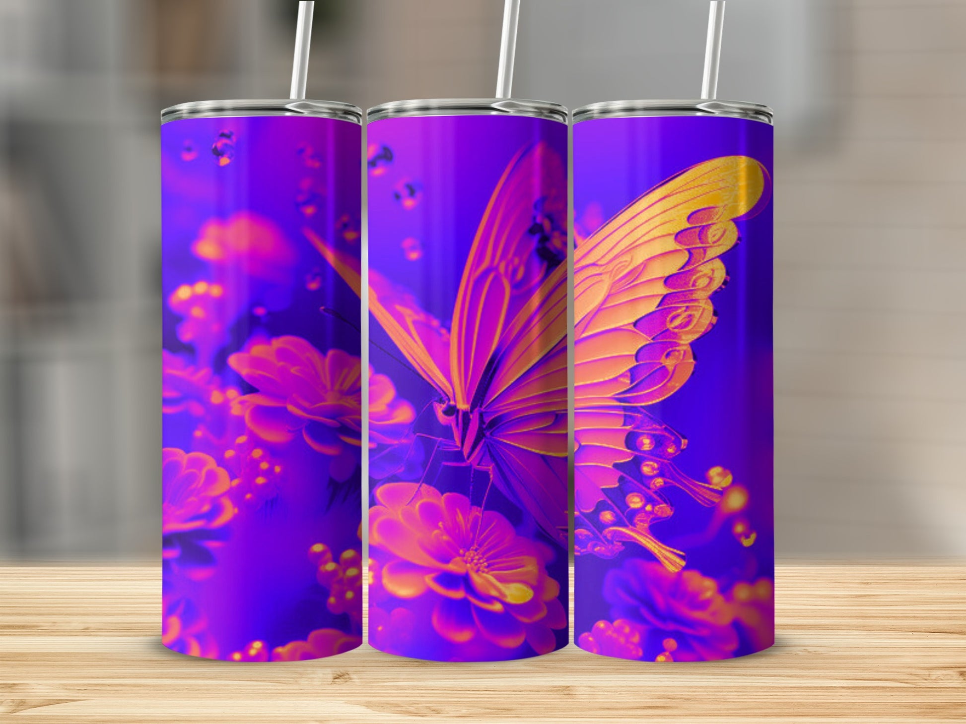 Three purple tumblers featuring a glowing yellow butterfly and pink flowers.