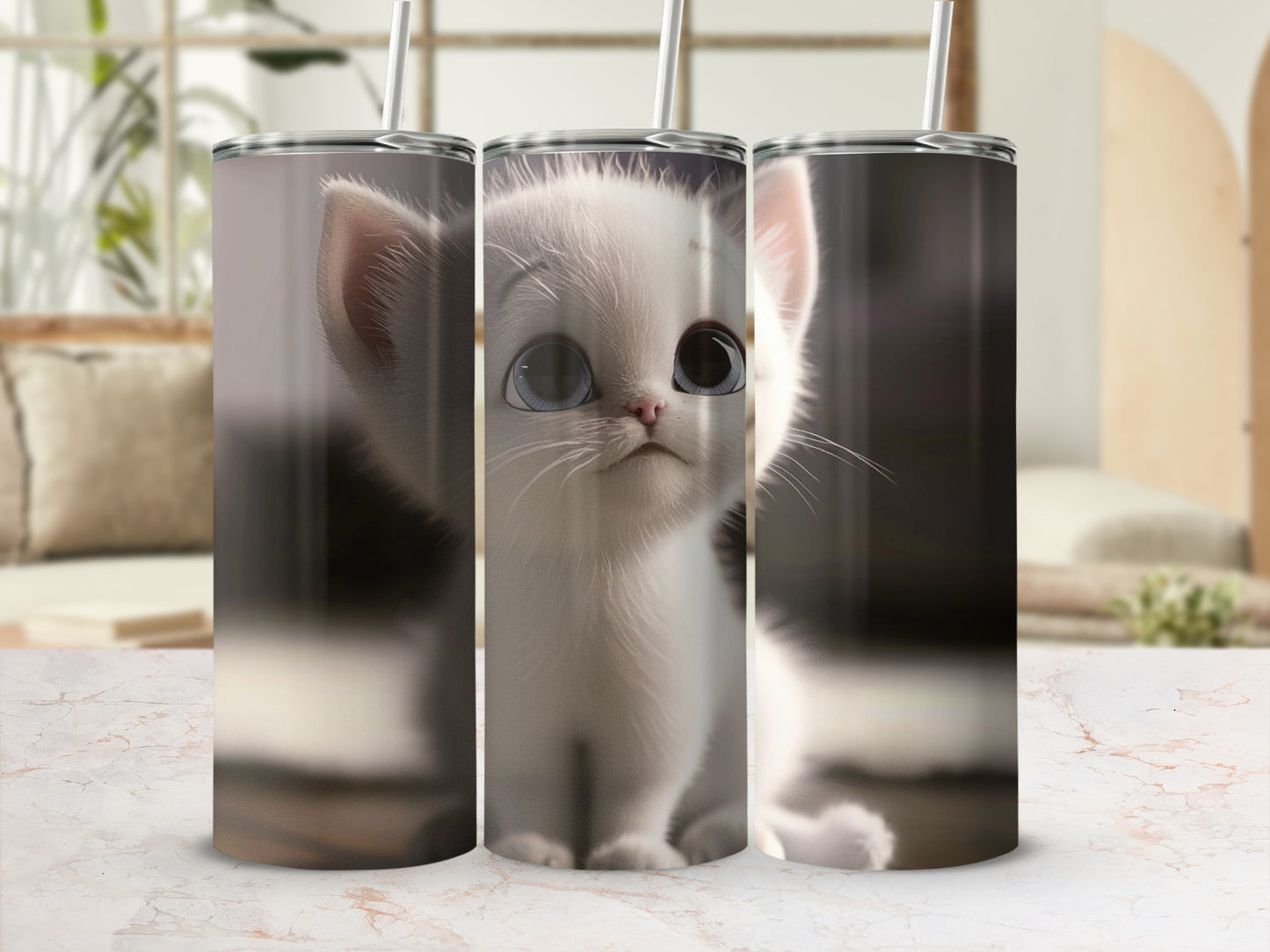 White kitten with big blue eyes on a patterned tumbler.