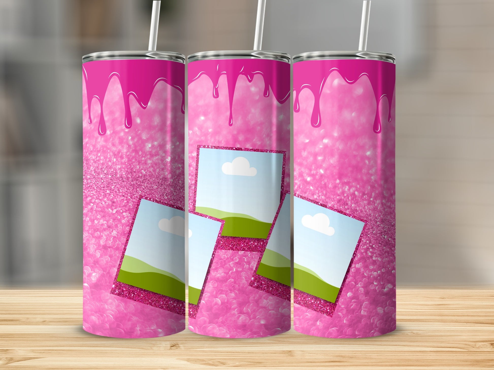 Three pink glitter tumblers with dripping paint design and photo frames.