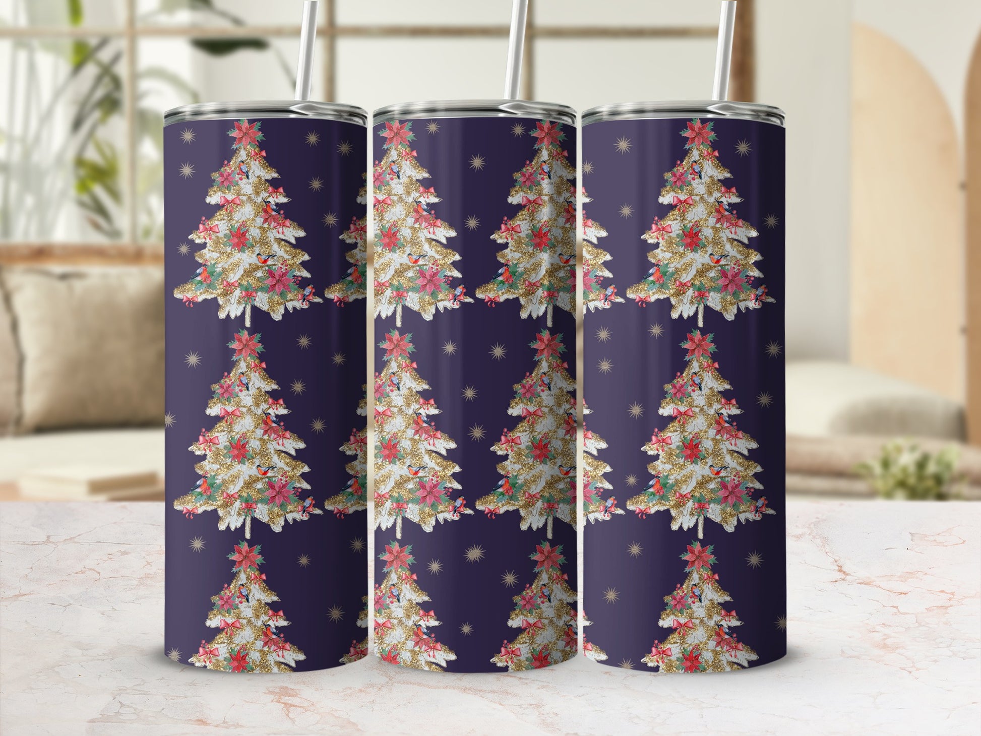 Purple tumbler with repeating Christmas tree pattern and gold glitter accents.