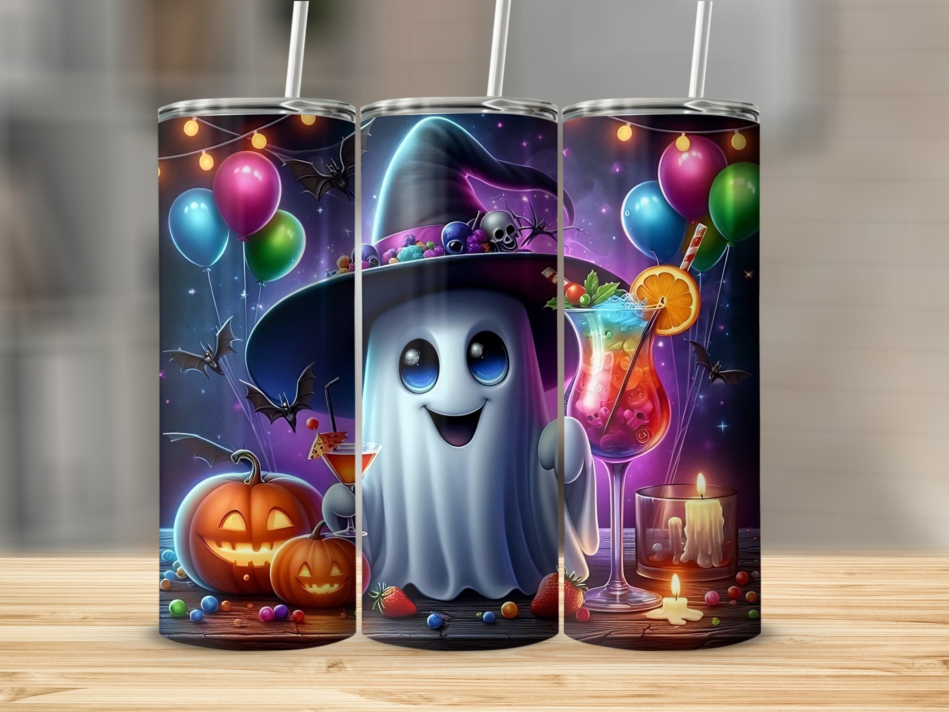 Happy Halloween ghost with witch hat, pumpkins, bats, and spooky drinks.