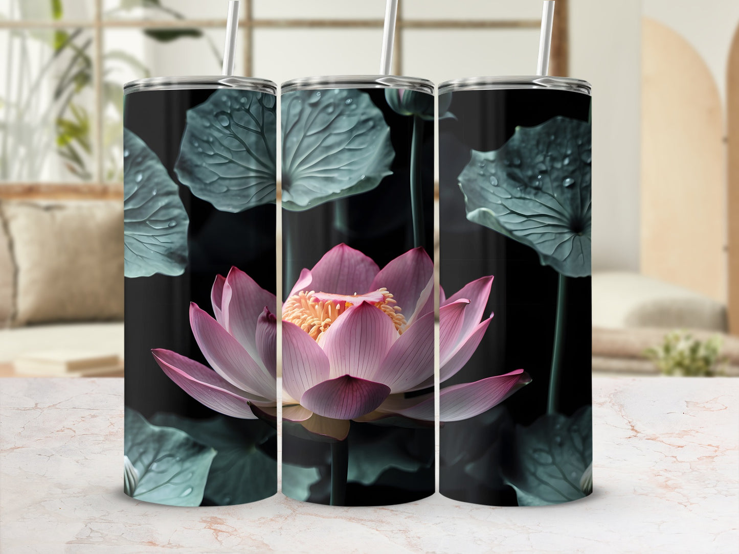 Beautiful Pink Lotus Wet Leaves Dark Background product type