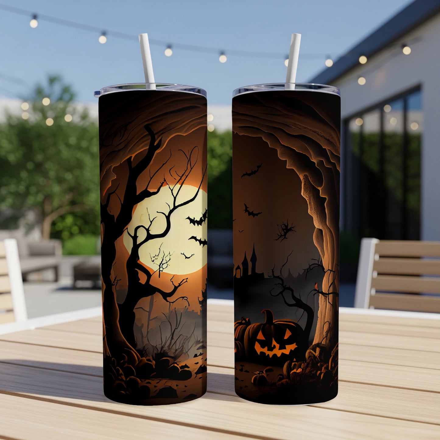 Two Halloween-themed tumblers with spooky scenes featuring bats, pumpkins, and a castle.