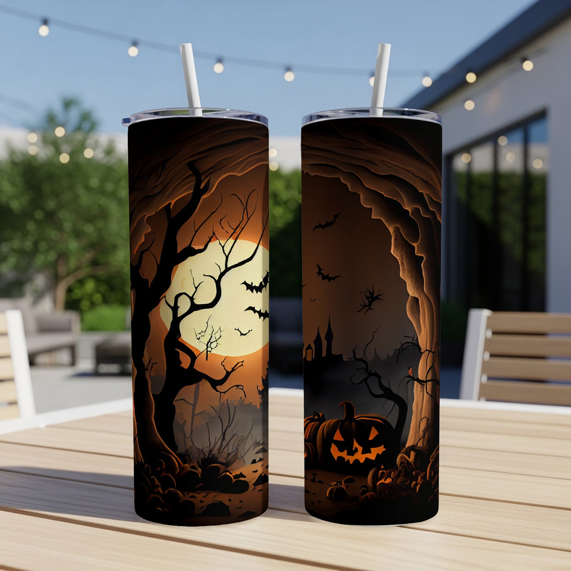 Two Halloween-themed tumblers with spooky scenes featuring bats, pumpkins, and a castle.