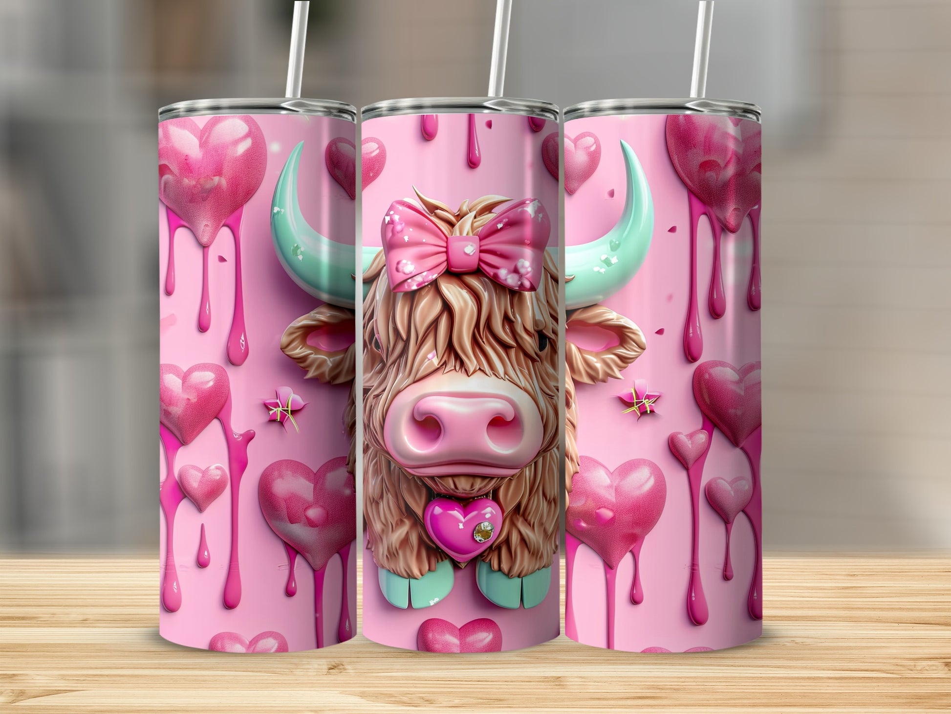 Pink Highland cow with hearts and bows on a tumbler.