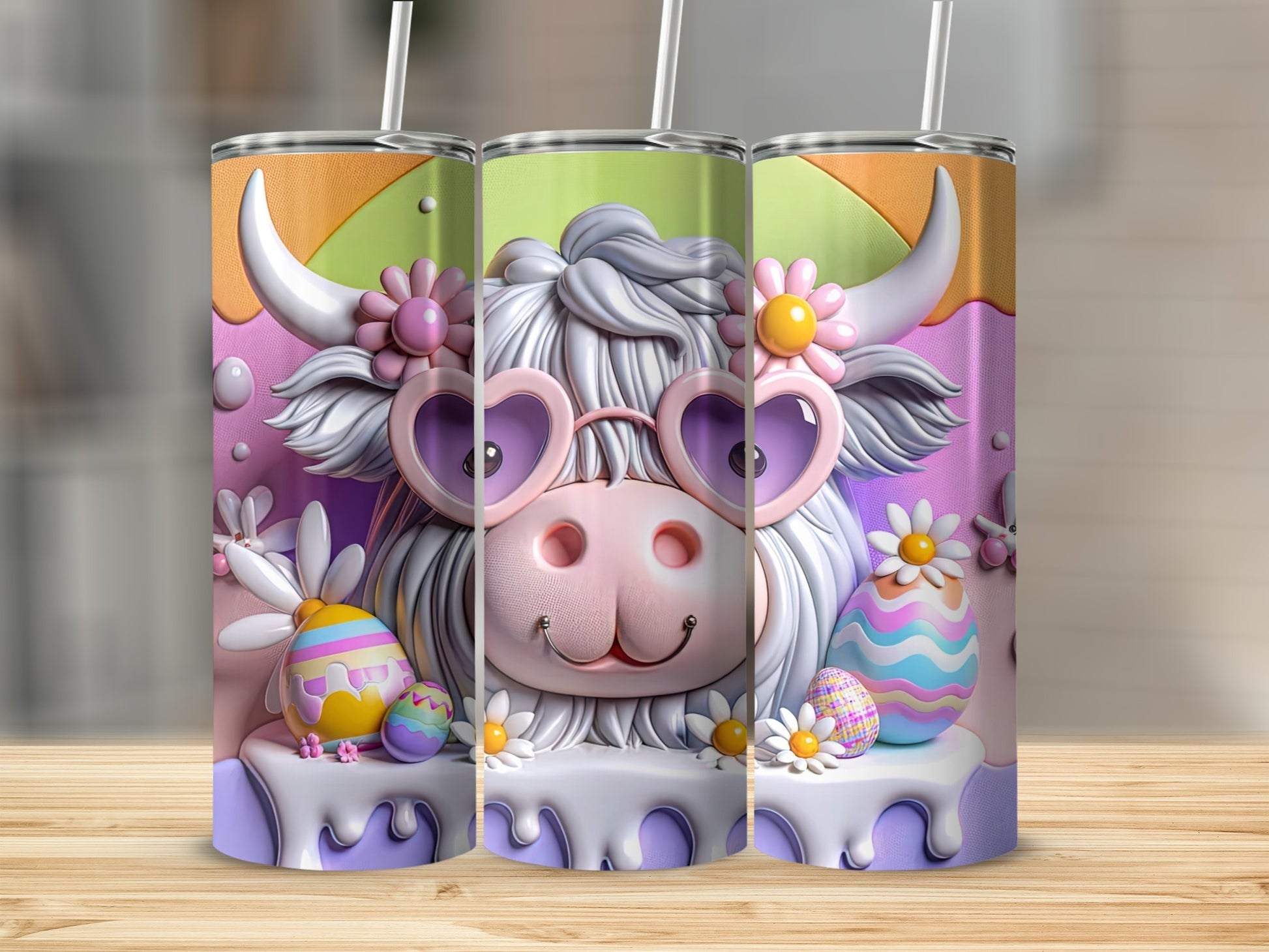 Three pink cow tumblers with heart sunglasses and Easter eggs.