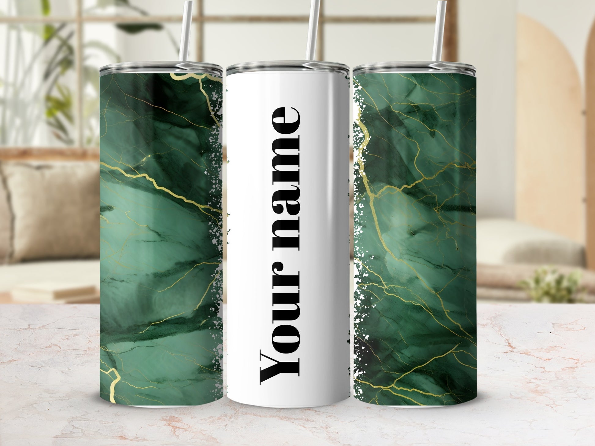 Customizable Green Marble Design Tumbler with Straw