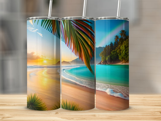 Tropical Beach Sunset and Palm Tree Tumbler