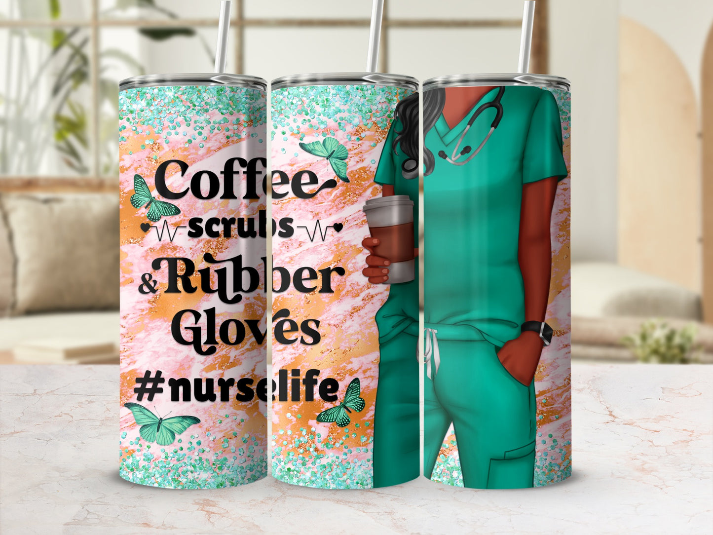 Nurse's tumbler with coffee scrubs, rubber gloves, and #nurselife design.