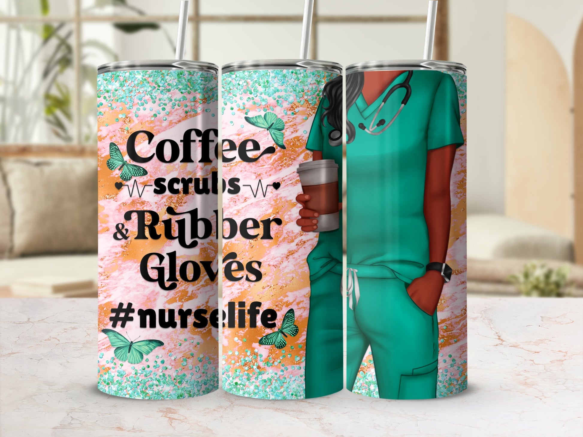 Nurse's tumbler with coffee scrubs, rubber gloves, and #nurselife design.
