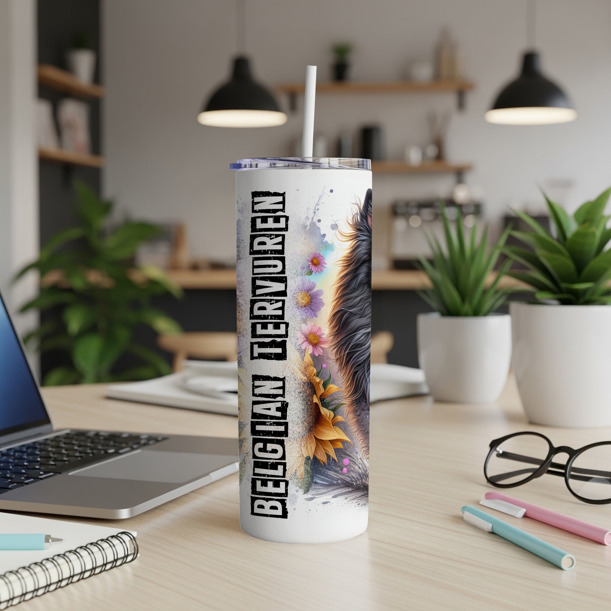 Belgian Tervuren tumbler with dog art and floral accents.