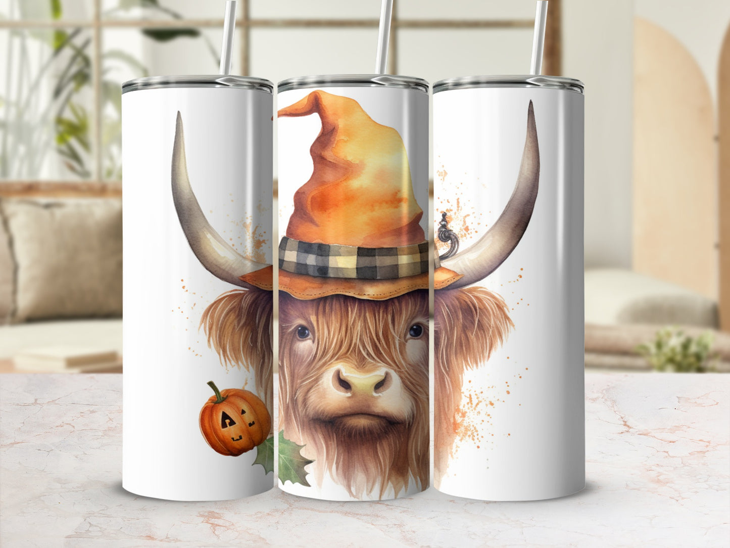 Highland cow wearing a plaid witch hat with a pumpkin.