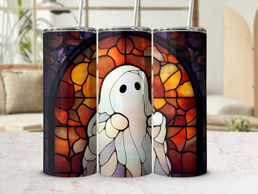 Three tumblers featuring a stained-glass ghost design with orange and purple hues.