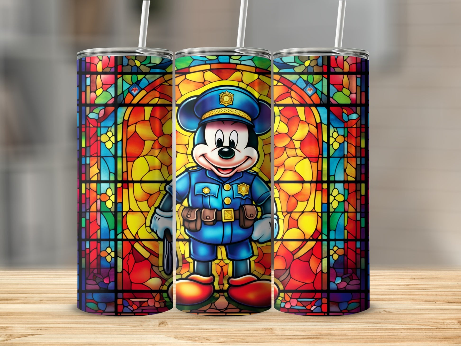 Police Mickey Mouse Stained Glass Tumbler Cup