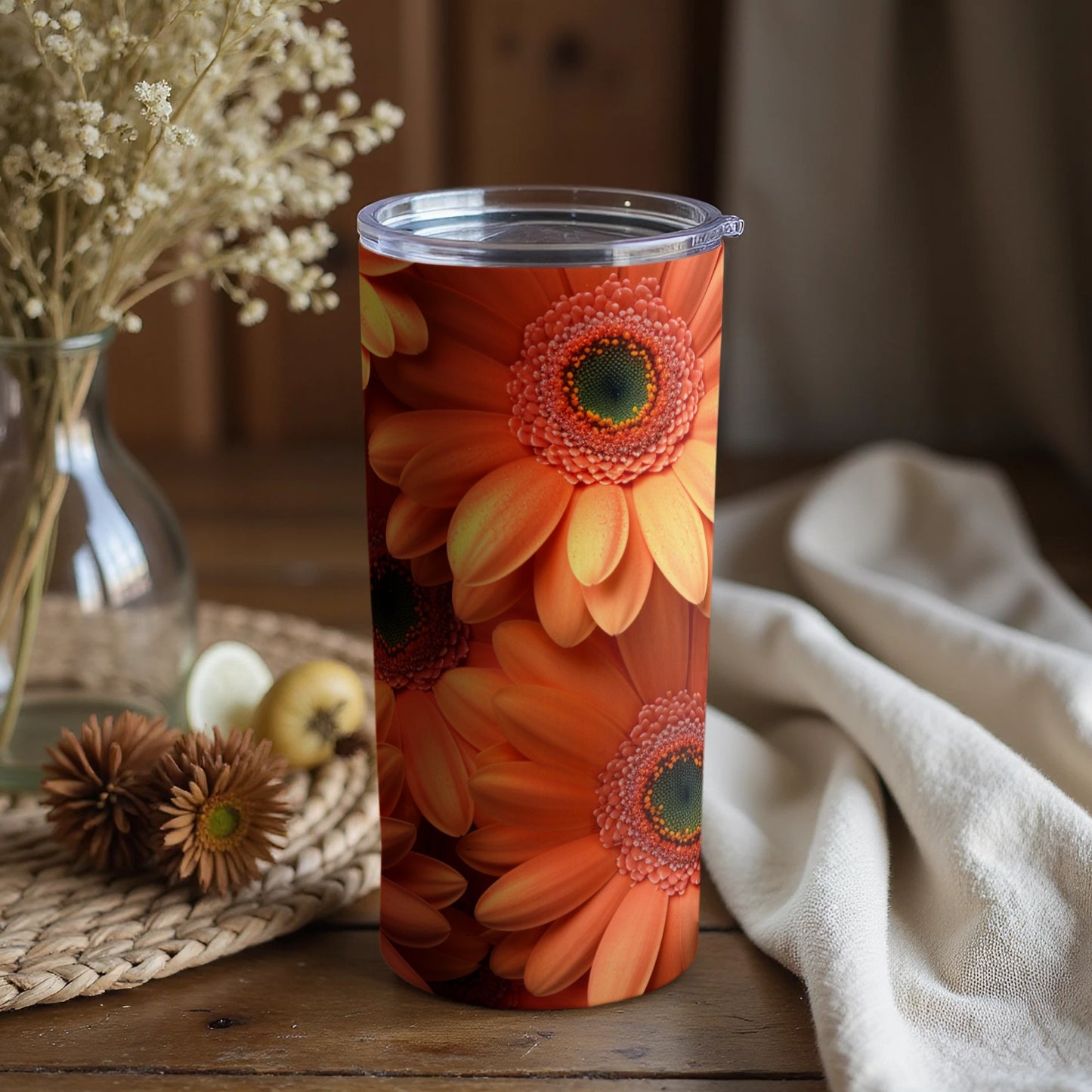 Vibrant Floral Orange Daisy Pattern Tumbler Cup