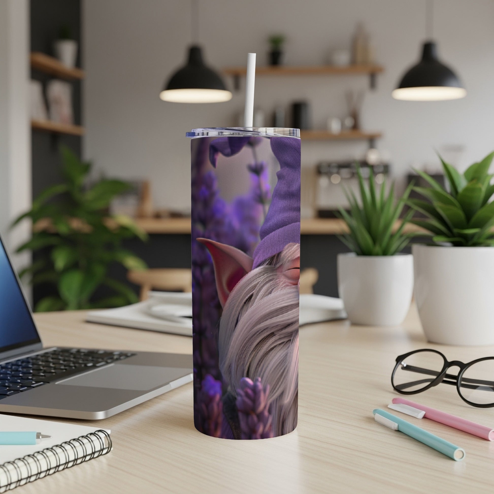 Gnome peeking from behind purple flowers on a tumbler.